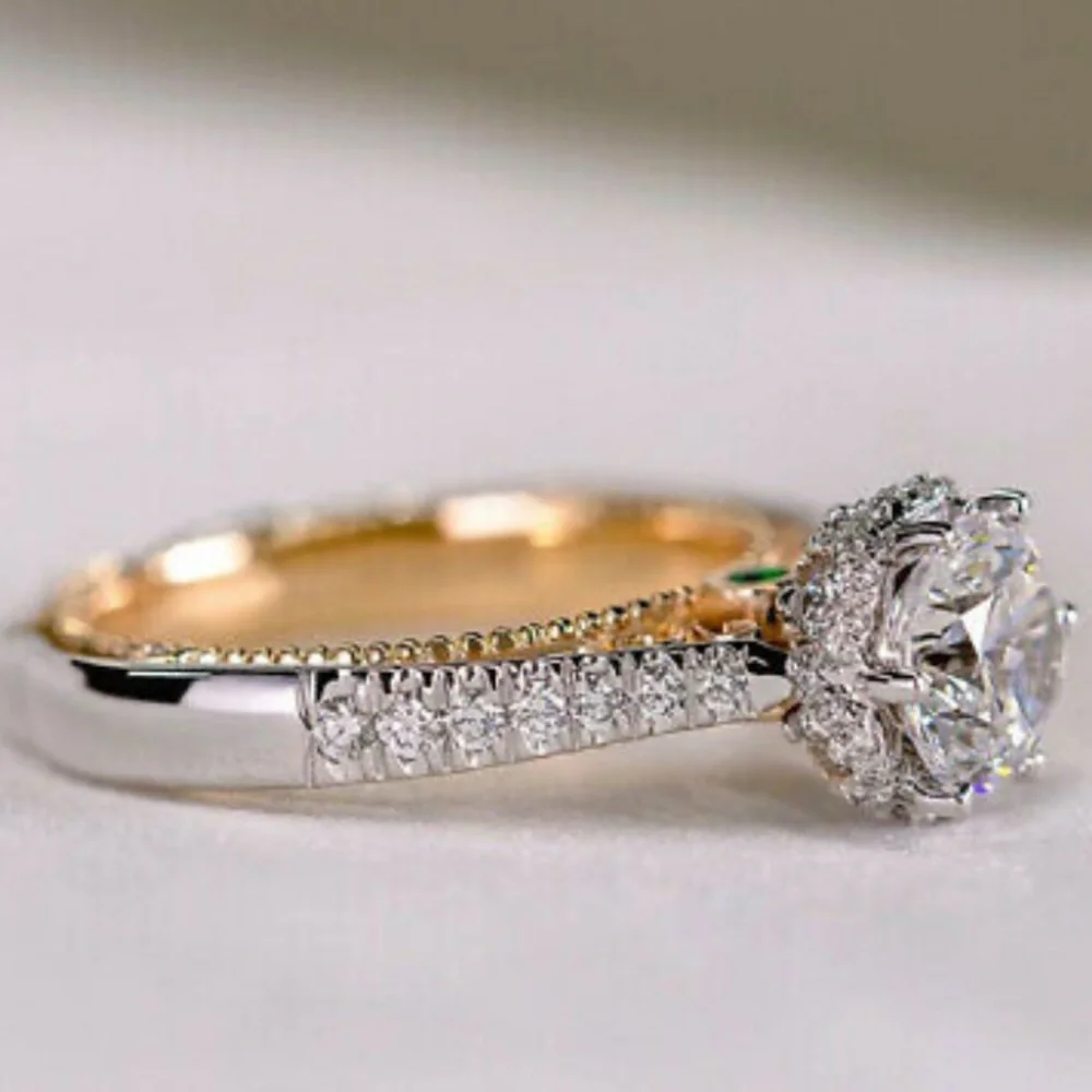 Two Tone 18k gold Plated/sterling silver Luxury Round Cut Women  Sz 6-10 - Picture 3 of 5